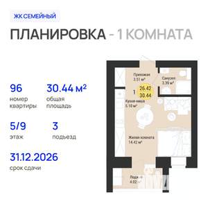 1-к квартира, строящийся дом, 30м2, 5/9 этаж