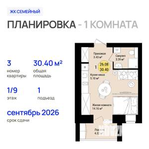 1-к квартира, строящийся дом, 30м2, 1/9 этаж