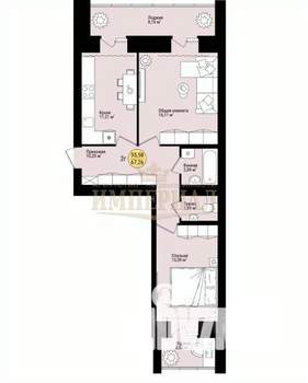 2-к квартира, вторичка, 65м2, 7/9 этаж
