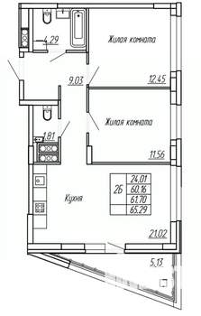 2-к квартира, вторичка, 62м2, 5/16 этаж