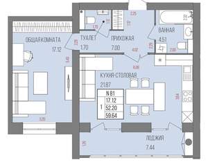 1-к квартира, вторичка, 60м2, 4/9 этаж