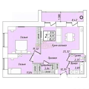 2-к квартира, строящийся дом, 85м2, 1/9 этаж