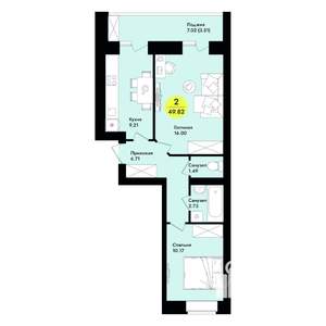 2-к квартира, строящийся дом, 50м2, 1/9 этаж