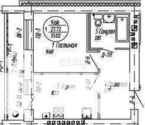 1-к квартира, сданный дом, 33м2, 8/9 этаж