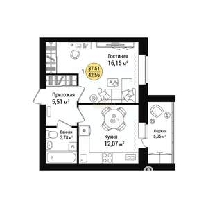 1-к квартира, сданный дом, 43м2, 8/9 этаж