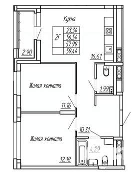 2-к квартира, вторичка, 58м2, 3/16 этаж