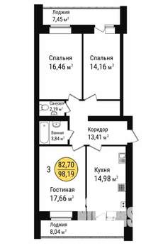 3-к квартира, сданный дом, 98м2, 1/9 этаж