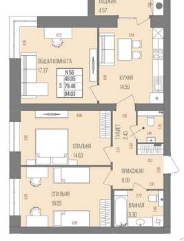 3-к квартира, вторичка, 84м2, 6/9 этаж