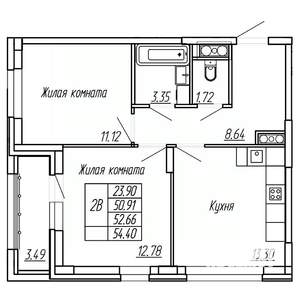 2-к квартира, вторичка, 53м2, 12/16 этаж