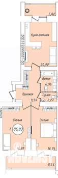 2-к квартира, строящийся дом, 86м2, 8/9 этаж