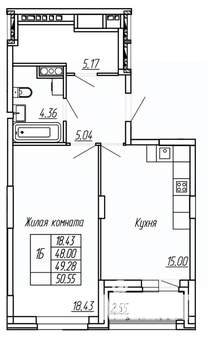 1-к квартира, строящийся дом, 49м2, 8/16 этаж