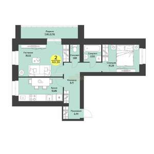 2-к квартира, сданный дом, 57м2, 1/9 этаж