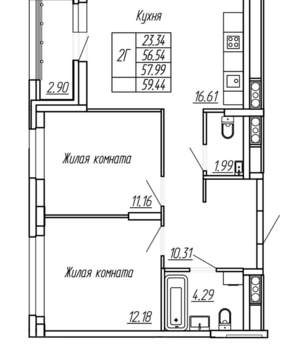 2-к квартира, вторичка, 58м2, 12/16 этаж
