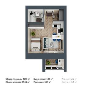 1-к квартира, строящийся дом, 32м2, 2/9 этаж