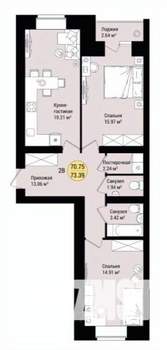 2-к квартира, вторичка, 73м2, 6/16 этаж