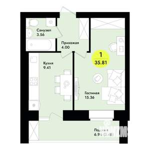 1-к квартира, строящийся дом, 36м2, 2/9 этаж