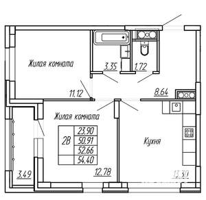 2-к квартира, строящийся дом, 53м2, 12/16 этаж