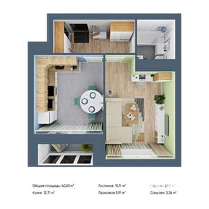 1-к квартира, строящийся дом, 40м2, 2/12 этаж