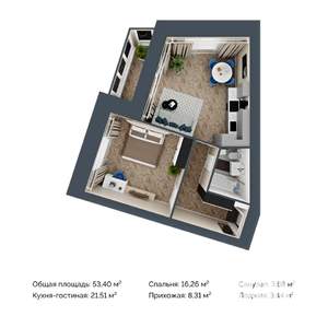 1-к квартира, строящийся дом, 53м2, 7/12 этаж