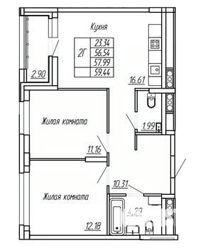 2-к квартира, вторичка, 58м2, 14/16 этаж