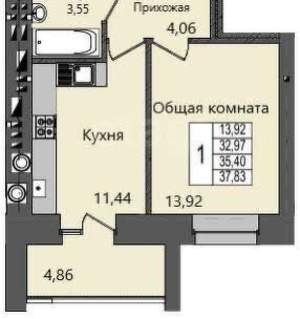 1-к квартира, вторичка, 38м2, 9/9 этаж