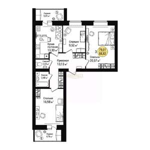 3-к квартира, сданный дом, 88м2, 8/9 этаж