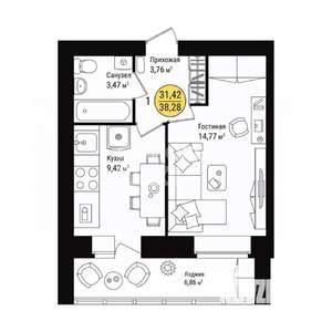 1-к квартира, вторичка, 38м2, 5/9 этаж