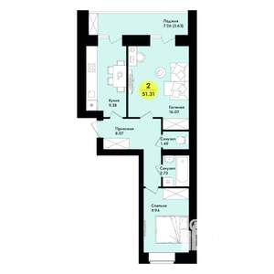 2-к квартира, строящийся дом, 51м2, 7/9 этаж