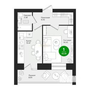 1-к квартира, вторичка, 43м2, 3/9 этаж