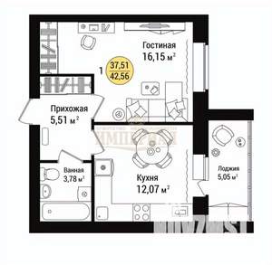 1-к квартира, вторичка, 43м2, 6/9 этаж