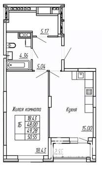 1-к квартира, строящийся дом, 49м2, 4/16 этаж