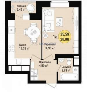 1-к квартира, вторичка, 38м2, 14/16 этаж