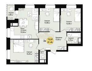 3-к квартира, вторичка, 79м2, 6/16 этаж