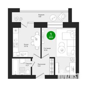 1-к квартира, строящийся дом, 46м2, 3/10 этаж