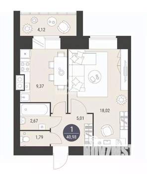 1-к квартира, сданный дом, 43м2, 7/10 этаж