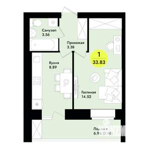 1-к квартира, строящийся дом, 34м2, 9/9 этаж