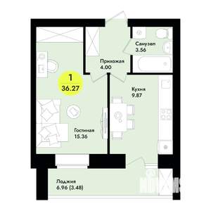 1-к квартира, строящийся дом, 36м2, 9/9 этаж