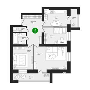 3-к квартира, строящийся дом, 90м2, 6/10 этаж