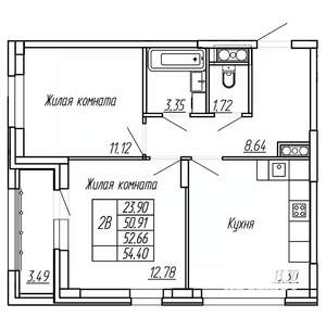 2-к квартира, вторичка, 53м2, 4/16 этаж