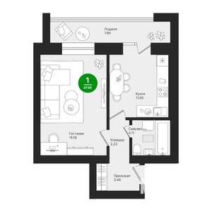 1-к квартира, строящийся дом, 48м2, 9/10 этаж