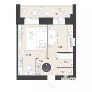 1-к квартира, сданный дом, 42м2, 7/10 этаж