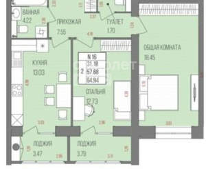 2-к квартира, строящийся дом, 65м2, 4/9 этаж