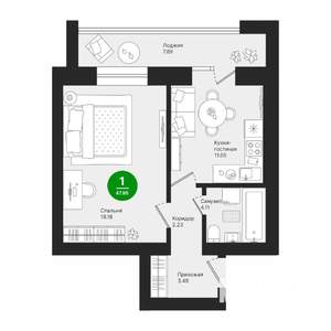 1-к квартира, строящийся дом, 48м2, 3/10 этаж