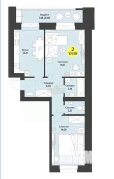 2-к квартира, вторичка, 60м2, 2/9 этаж