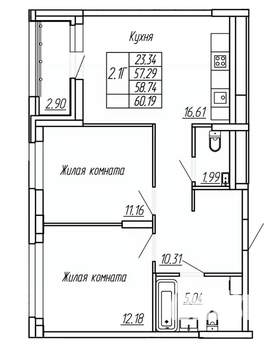 2-к квартира, строящийся дом, 59м2, 2/16 этаж