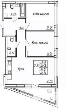 2-к квартира, строящийся дом, 63м2, 2/16 этаж