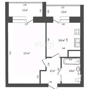 1-к квартира, вторичка, 42м2, 8/9 этаж