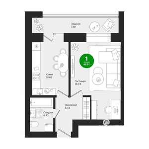 1-к квартира, строящийся дом, 47м2, 3/10 этаж