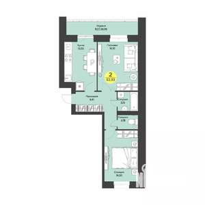 2-к квартира, строящийся дом, 60м2, 1/9 этаж