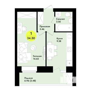 1-к квартира, строящийся дом, 35м2, 1/9 этаж